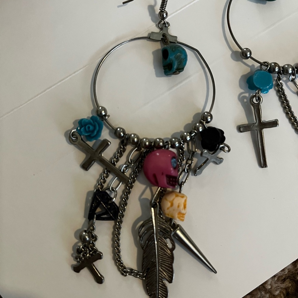 Bohemian Skull and Cross Dangle Earrings - Picture 2 of 2